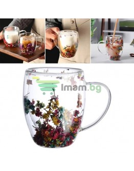 Стъклена чаша двойна с естествени цветя за кафе и чай 250 мл